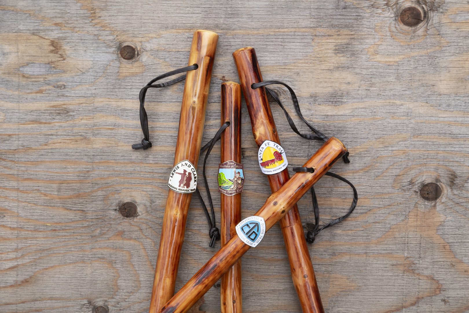 Several walking sticks with trail logos