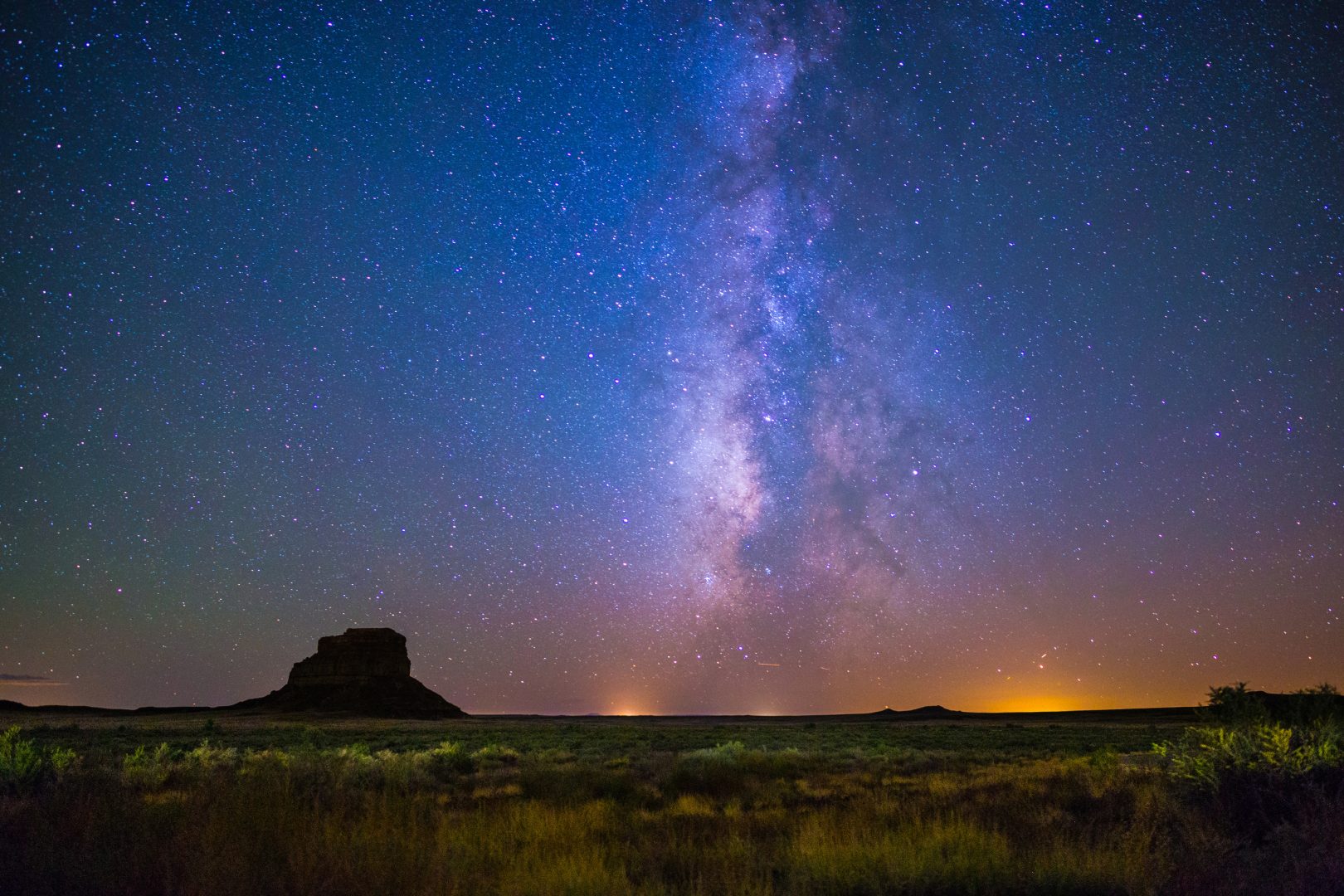 The Milky Way rises above Fajada Butte in Chaco Culture National Historical Park, New Mexico